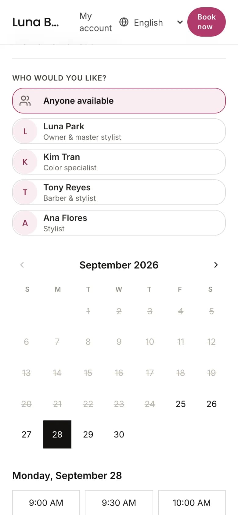A client choosing a team member on a BookVAO booking page
